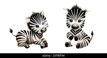 Süße Babyzebras. Aquarell Hand gezeichnete Safari sitzende Tier Illustration isoliert auf Hintergrund. Für Designer, Postkarten, Grüße, Geburtstag, Cale Stockfoto