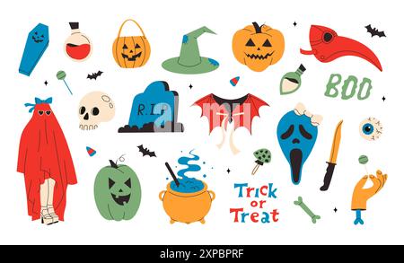 Happy Halloween Set mit Elementen, Geist, Kürbis. Stock Vektor