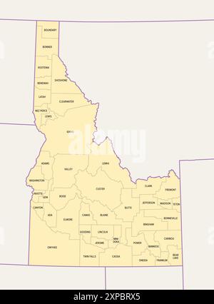 Idaho, US-Bundesstaat, unterteilt in 44 Countys, politische Karte mit Grenzen und County-Namen. Bundesstaat in der Region Mountain West der Vereinigten Staaten. Stockfoto