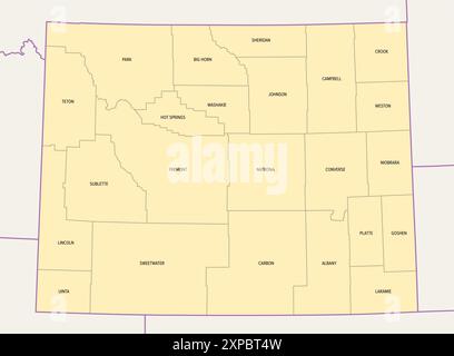 Wyoming, US-Bundesstaat, unterteilt in 23 Countys, politische Karte mit Grenzen und County-Namen. Bundesstaat in der Region Mountain West der Vereinigten Staaten. Stockfoto