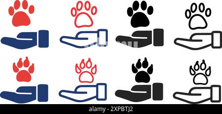 Vektorillustration der Symbolgruppe „Paw in Hand“ isoliert. Vektorabbildung Stock Vektor