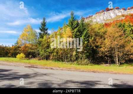 Asphaltstraße in den Bergen im Herbst. Wald auf dem Hügel im Herbstlaub. Sonniges Wetter. Roadtrip durch die Landschaft rumäniens Stockfoto