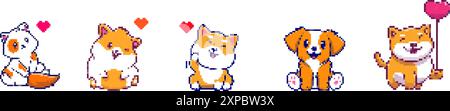 Katze, Hund in Pixelkunst - isolierter Vektor. Niedliche Pixelkatzen im Kawaii-Stil im Retro-8-Bit-Game-Stil. Stock Vektor