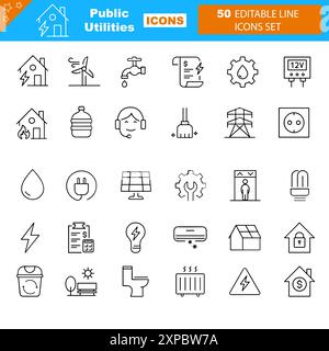 Öffentliche Dienstprogramme umreißen Symbole mit bearbeitbarer Kontursammlung. Enthält Wasser, Kraftstoff, Strom, Solarhaus Stock Vektor