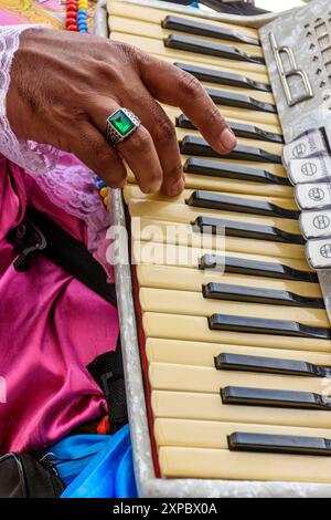 Die Hände des Akkordeonisten spielen auf der Tastatur seines Instruments während einer Aufführung und einer beliebten Party auf den Straßen Brasiliens Stockfoto