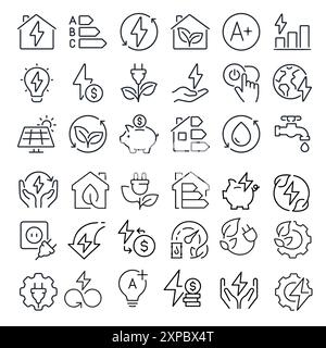 Zeilensymbole zur Energieeffizienz und zum Sparen. Nachhaltige Entwicklung. Symbolgruppe für dünne Linien. Lineare Variantenvektoren. Stock Vektor