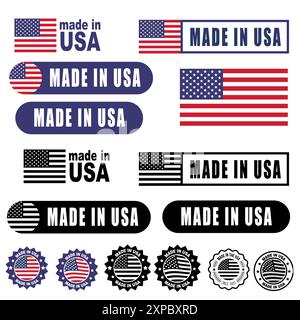 Abzeichen und Embleme in den USA hergestellt. Vereinigte Staaten von America.set Made in the usa-Etiketten, Made in the usa-Logo, usa-Flagge Stock Vektor