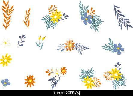 Ein Set aus lebendigen Blumenelementen in flachen Farben mit einer Auswahl an Wildblumen und Pflanzen für Frühling und Sommer. Stock Vektor