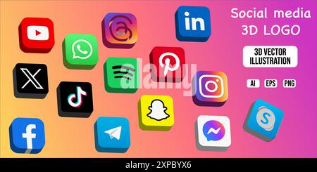 Schaltfläche für Symbole für 3D-soziale Medien. Social-Media-Logo. Stock Vektor