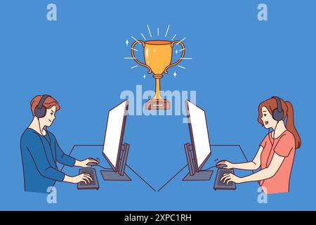 Gamer nehmen an einem eSports Videospiel-Turnier Teil und sitzen mit Computern in der Nähe des Goldpokals an den Tischen. Guy und Girl Gamer konkurrieren um virtuelle Charaktere in Shootern oder RPG-Quests Stock Vektor
