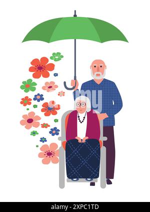 Ein älteres Paar. Glückliche Familie, alte Ehepartner. Großeltern-Figuren. Frau mit Blumen in der Liebe mit Ehemann Vektor-Illustration Stock Vektor