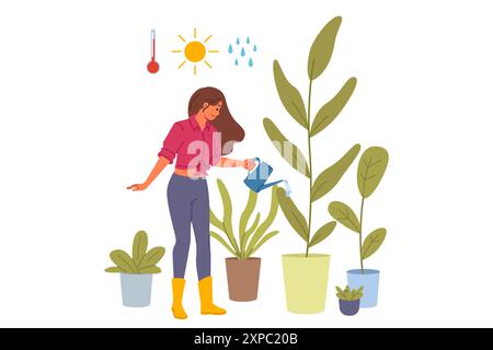 Blumenläuferin baut Hauspflanzen in Gewächshäusern an und bewässert Blumen mit Wasser und Dünger Stock Vektor