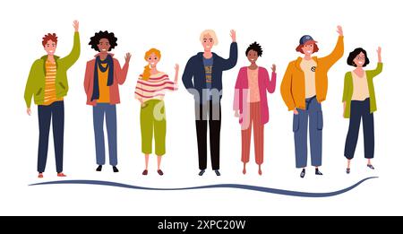 Gruppe von sieben glücklichen Freunden. Junge Menschen zusammen. Menschen grüßen Gesten flache Vektorillustration in flacher Art Stock Vektor