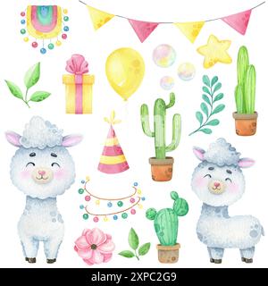 Aquarell Happy Lama ClipArt isoliert auf weiß Stockfoto