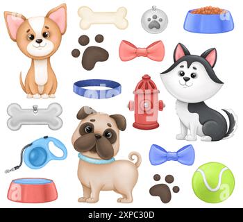 Niedliche Hunde ClipArt auf weißer isolierter, schöner Kinderillustration Stockfoto