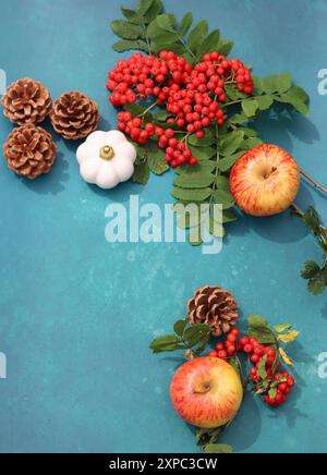 Warmes Stillleben im Herbst. Bunte Komposition mit dekorativen Kürbissen, vogelbeeren, Blättern und Blumen. Tischdekoration Nahaufnahme Foto. Stockfoto