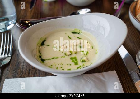 Trüffelpilzsuppe mit Frühlingszwiebelsauce in einer Keramikschale Stockfoto