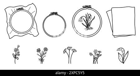 Set aus Stickerei-Hoop mit Leinwand, Stoff oder Stoff und genähten Blumen. Vektorillustration auf weißem Hintergrund. Handgezeichnete Umrisse Stock Vektor