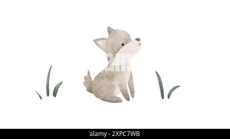 Zeichentricktier für Kinder Design. Handgezeichnete Illustration des grauen süßen Wolfes und der grünen Gnade auf isoliertem Hintergrund. Minimalistischer skandinavischer Stil. Wild Stockfoto
