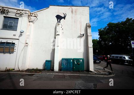 Banksy hat ein neues Kunstwerk in der Nähe der Kew Bridge im Westen Londons enthüllt, mit einer Ziege an einer Wand. Bilddatum: Montag, 5. August 2024. Stockfoto