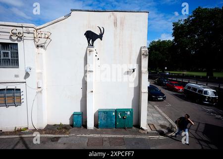 Banksy hat ein neues Kunstwerk in der Nähe der Kew Bridge im Westen Londons enthüllt, mit einer Ziege an einer Wand. Bilddatum: Montag, 5. August 2024. Stockfoto