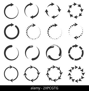 Schilder werden neu geladen. Symbole werden geladen. Minimale einfache schwarze Symbole. Pfeile drehen sich im Kreis. Prozess aktualisieren oder warten. Umweltfreundliches Recycling. Drehrichtung. Vektor Stock Vektor