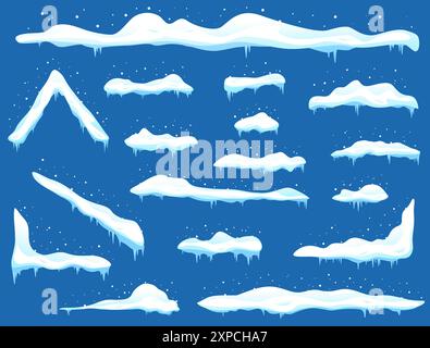 Schneekappen. Cartoon-Schneeschwankungen. Verschiedene Formen mit Eiszapfen. Winterrahmendekoration. Schneebedecktes Dach. Kalte Jahreszeit. Eisige Haufen. Verteilung nach Stock Vektor