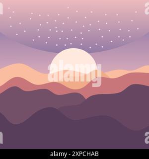 Der Himmel ist von einem sanften violetten Farbton übersät, Der von funkelnden Sternen Gepunktet Ist. Ein großer heller Mond hängt tief am Himmel und strahlt ein warmes Leuchten über die Szene aus Stock Vektor