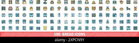 100 Brotsymbole eingestellt. Farblinie Satz von Brotvektorsymbolen dünne Linie Farbe flach auf weiß Stock Vektor