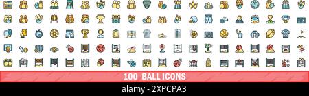 100 Ballsymbole eingestellt. Farblinie Satz von Kugelvektorsymbolen dünne Linie Farbe flach auf weiß Stock Vektor