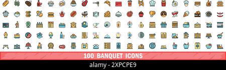 100 Bankettsymbole. Farblinie Satz von Bankettvektorsymbolen dünne Linie Farbe flach auf weiß Stock Vektor