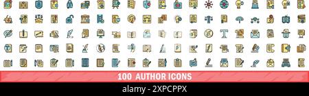 100 Autorensymbole gesetzt. Farblinie Satz von Autoren-Vektorsymbolen dünne Linie Farbe flach auf weiß Stock Vektor
