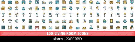 100 Symbole im Wohnzimmer. Farblinie Satz der Vektorsymbole im Wohnzimmer dünne Linie Farbe flach auf weiß Stock Vektor