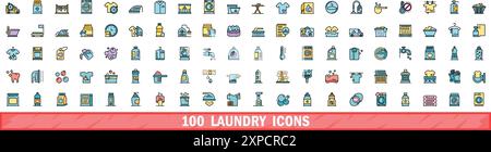 100 Symbole für die Wäscherei. Farblinie Satz von Wäschevektorsymbolen dünne Linie Farbe flach auf weiß Stock Vektor