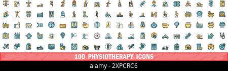 100 Symbole für Physiotherapie eingestellt. Farblinie Satz physiotherapeutischer Vektorsymbole dünne Linie flach auf weiß Stock Vektor