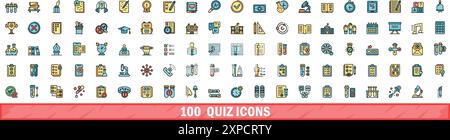 100 Quiz-Symbole festgelegt. Farblinie Satz von Quizvektorsymbolen dünne Linie Farbe flach auf weiß Stock Vektor
