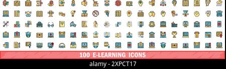 100 e-Learning-Symbole eingestellt. Farblinie Satz von E-Learning-Vektorsymbolen dünne Linie Farbe flach auf weiß Stock Vektor