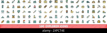 100 Explorer-Symbole festgelegt. Farblinienset von Explorer-Vektorsymbolen dünne Linie Farbe flach auf weiß Stock Vektor