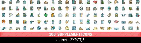 100 zusätzliche Symbole gesetzt. Farblinie Satz von Zusatzvektorsymbolen dünne Linie Farbe flach auf weiß Stock Vektor