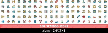 100 Ikonen für Meeresfrüchte. Farblinie Satz von Meeresfrüchten Vektor-Symbole dünne Linie Farbe flach auf weiß Stock Vektor