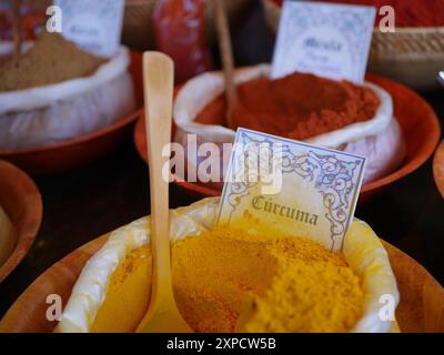 Verschiedene Gewürze zum Kochen auf dem Markt in Beuteln und mit ihrem Namen. Stockfoto