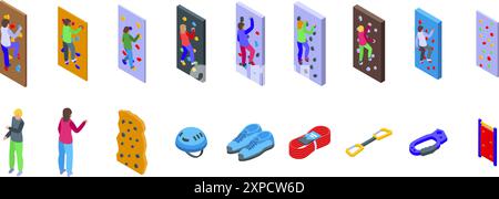 Set mit Symbolen für Kletterwände für Kinder. Personen, die an einer Kletterwand klettern, stellen eine isometrische Ansicht für jedes Webdesign ein Stock Vektor
