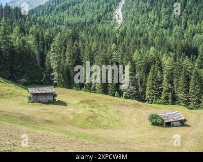 Dieses Bild im Obernbergtal der Heuscheune ist unweit der Stadt Steinach am Brenner, die an der alten Brennerpassstraße liegt Stockfoto