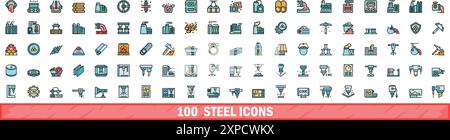 100 Symbole aus Stahl. Farblinie Satz von Stahlvektorsymbolen dünne Linie Farbe flach auf weiß Stock Vektor