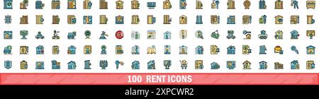 100 Miet-Symbole. Farblinie Satz von Mietvektorsymbolen dünne Linie Farbe flach auf weiß Stock Vektor