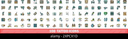 100 Tätowierungssymbole eingestellt. Farblinie Satz von Tätowierungsvektorsymbolen dünne Linie Farbe flach auf weiß Stock Vektor