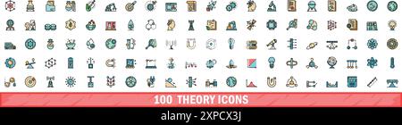 100 Theoriebildsymbole gesetzt. Farblinie Satz theoretischer Vektorsymbole dünne Linie Farbe flach auf weiß Stock Vektor