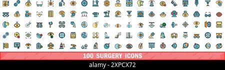 100 Symbole für Chirurgie. Farblinie Satz von OP-Vektorsymbolen dünne Linie Farbe flach auf weiß Stock Vektor