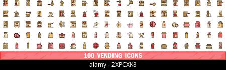 100 Symbole für Verkaufsautomaten. Farblinie Satz von Verkaufsvektorsymbolen dünne Linie Farbe flach auf weiß Stock Vektor