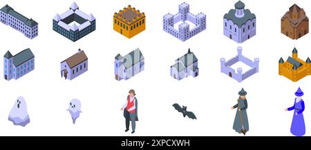 Alte Schlossgeister-Symbole gesetzt. Isometrische Sammlung von Ikonen, darunter verschiedene Schlösser, Kirchen, eine dracula, eine Fledermaus, Geister und Hexen Stock Vektor